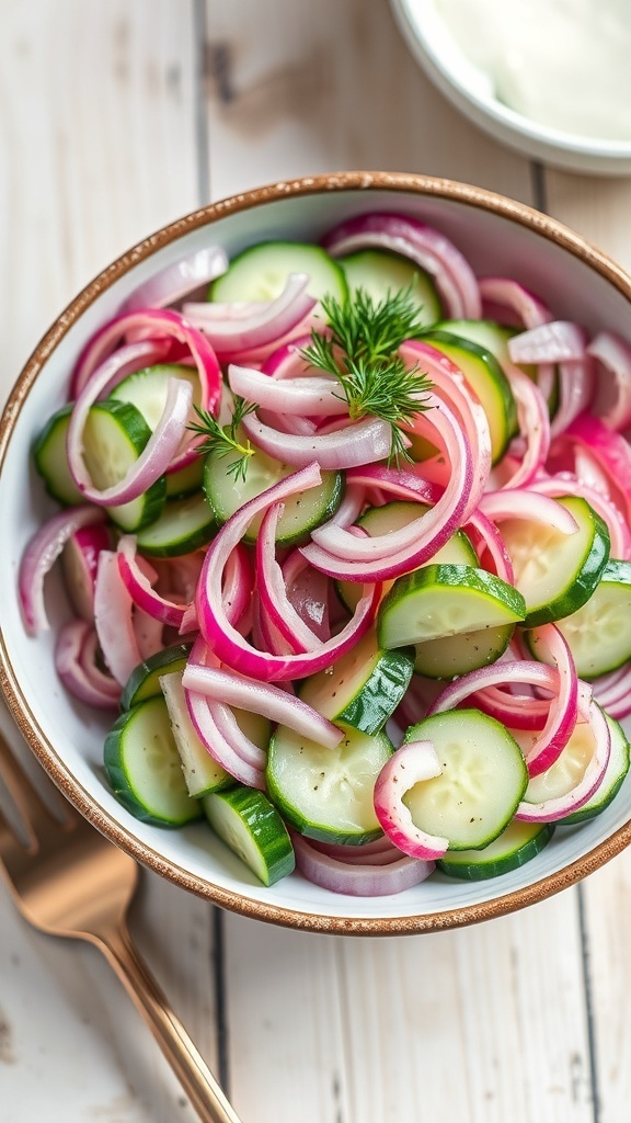 A refreshing onion and cucumber salad with vinegar dressing, garnished with dill, on a rustic wooden table.